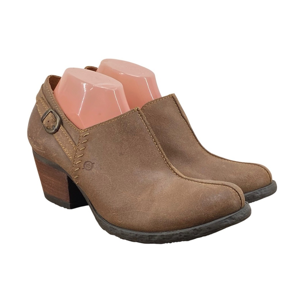 Born Brown Leather Ankle Booties Side Zip Buckle Stacked Heel Women's Size 11